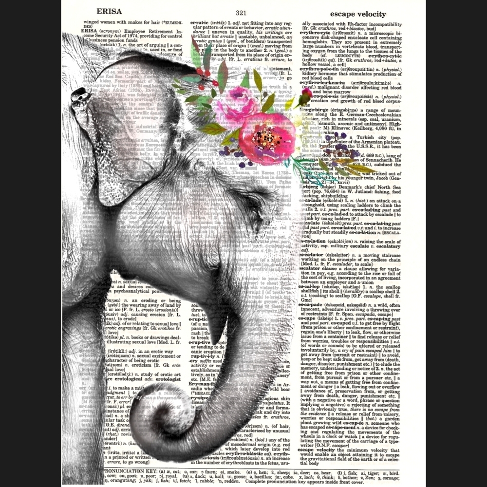 Boho Elephant Vintage Dictionary Art Print Decor - Picture 1 of 4